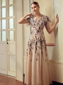 ZEYLAH Women's Elegant Floral Embroidered Dress - Apricot - View 6