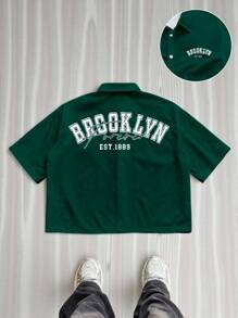 Claim Dot Áo sơ mi nam tay ngắn in chữ thường ngày, áo sơ mi nam mùa hè cắt ngắn họa tiết, áo sơ mi Brooklyn, áo sơ mi đại học, áo sơ mi họa tiết màu xanh lá cây đậm, áo sơ mi nam cỡ lớn in họa tiết - Màu xanh lá cây đậm - Xem 2