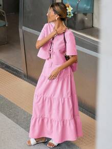 Siren Gaze 女士条纹系带短袖衬衫和荷叶边半裙休闲两件套夏季粉色 - 粉色 - 查看 5