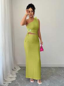 Elenzga Women's Elegant 3D Floral Decor One-Shoulder Top And Skirt 2 Pieces Set, Summer