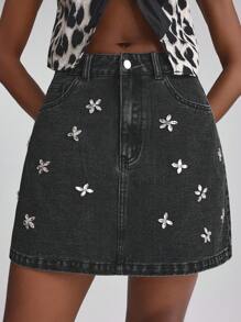 Slaydiva Women's Casual Rhinestone Decorated Denim Mini Skirt, Summer - Black - View 1