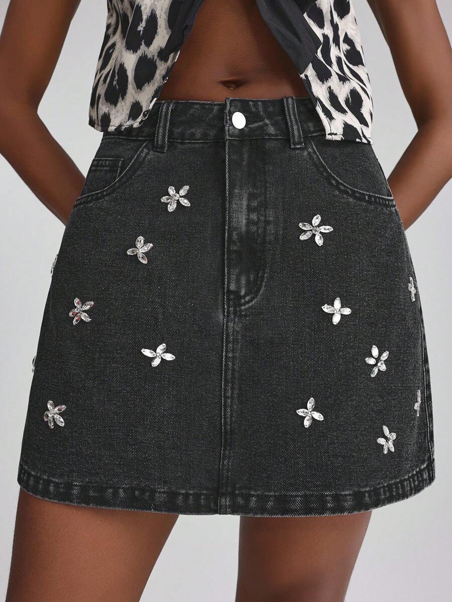 Slaydiva Women's Casual Rhinestone Decorated Denim Mini Skirt, Summer - Black - View 1