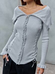 SHEIN Unity This Ribbed Zip-Up Top Combines Structure And Softness With Its Fold-Over Neckline And Frill Hems. With Ruched Details And A Body-Hugging Fit, It's The Perfect Mix Of Punk And 2YK-Ideal For Fall. - Pink - View 4