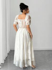 Elenzga 大码女式长裙，修腰喇叭下摆，优雅精致，刺绣方领泡泡袖时尚连衣裙 - 白色 - 查看 2