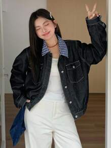 Dazy Plus Dark Washed Blue Contrast Plaid Collar Loose Pocket Denim Jacket, Spring/Autumn - Dark Wash - View 5