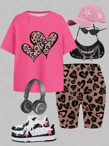 SHEIN Leap Crew 2 件套青少年女孩休闲简约短袖宽松 T 恤和紧身裤套装，适合夏季 - 彩色 - 查看 3