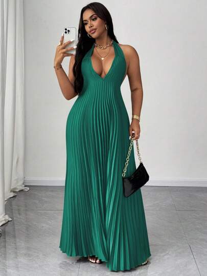 SHEIN Unity Vestido de satén plisado con cordones, elegante y sexy para vacaciones de verano, talla grande