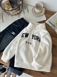 1 Peça Moletom Casual Fofo Diário Versátil para Meninos Jovens, Bordado em Inglês Bege e Branco Felpudo, Gola Alta Solta de Manga Longa, Adequado para Passeios, Escola, Reuniões Diárias, Outono/Inverno - Branco - Visão 3