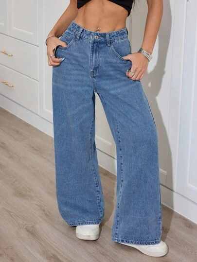 SHEIN PETITE 女士休闲宽松阔腿牛仔裤