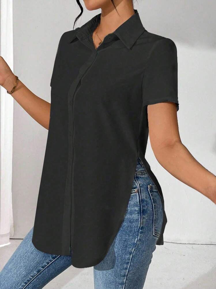 SHEIN LUNE Solid Color Short Sleeve Shirt With Curved Hem For Summer,Short Sleeve Tops - Black - View 5