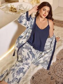 SHEIN MuseNap CURVE Plus Size Solid Color Cami Top & Tropical Print Pants & Robe Pajama Set, Fall Winter Clothes - Blue and White - View 6