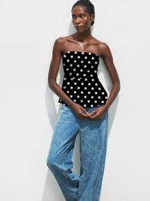 Maija 休闲波尔卡圆点图案褶饰娃娃装紧身抹胸上衣，适合万圣节、圣诞节、派对、音乐节 - 黑與白 - 查看 1
