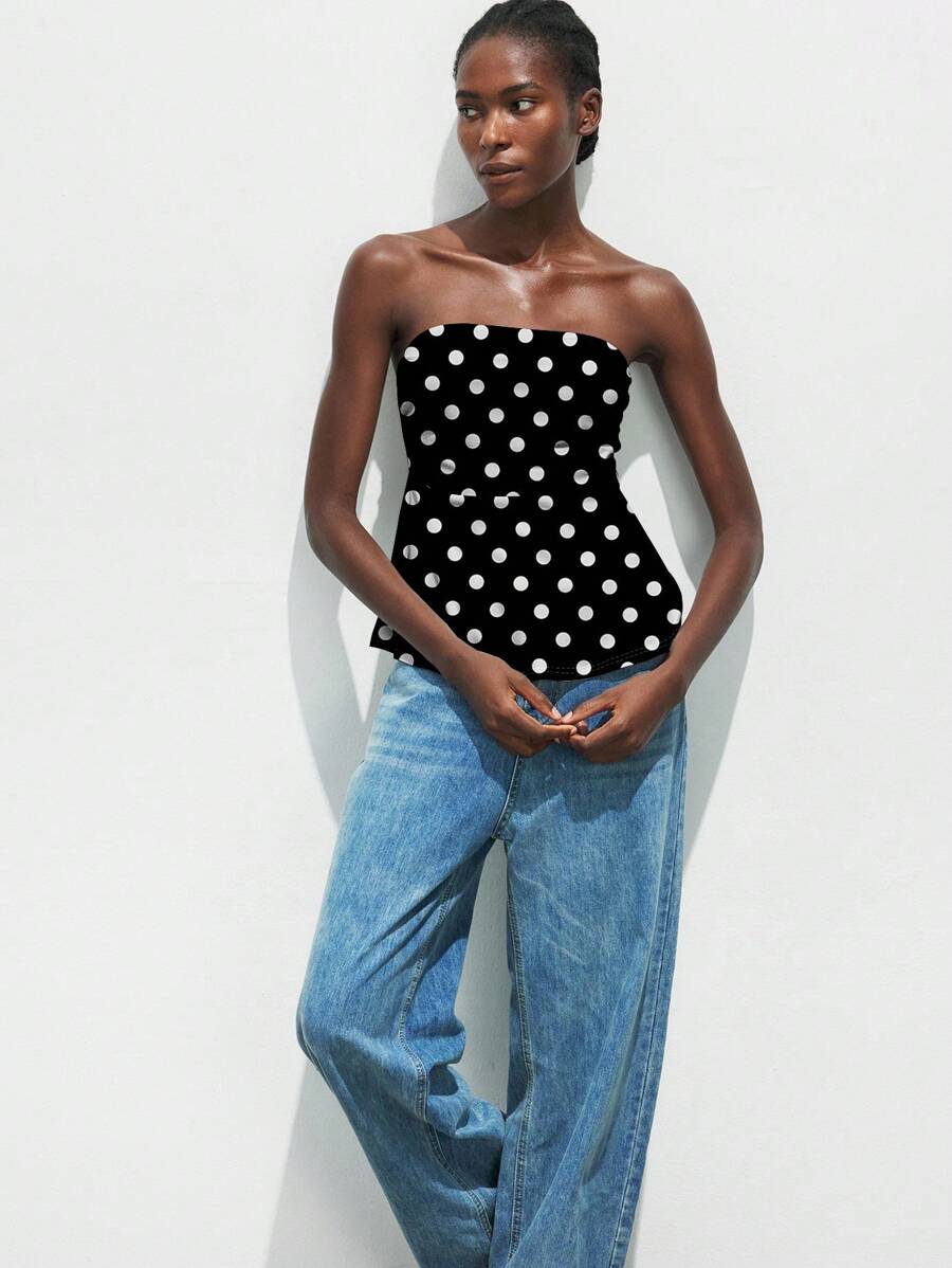 Maija 休闲波尔卡圆点图案褶饰娃娃装紧身抹胸上衣，适合万圣节、圣诞节、派对、音乐节 - 黑與白 - 查看 1