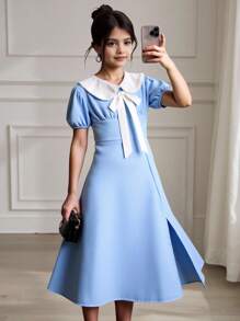 Vestido casual lindo con mangas abullonadas, bloque de color y decoración de lazo para niñas preadolescentes en verano - Azul - Ver 6