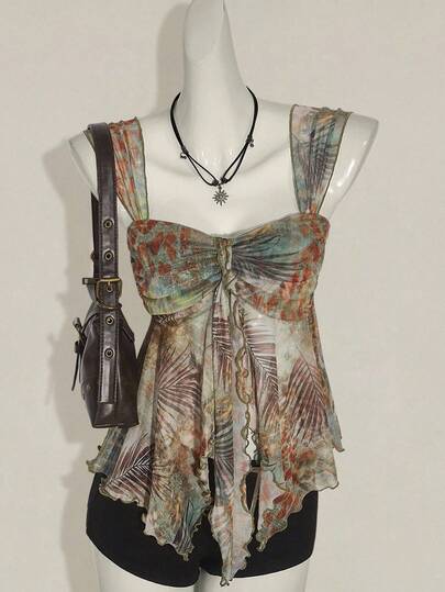 SHEIN ICON Women's Western Vintage Boho Tropical Plant Print Ruched Asymmetric Hem Fashionable Thick Strap Camisole
