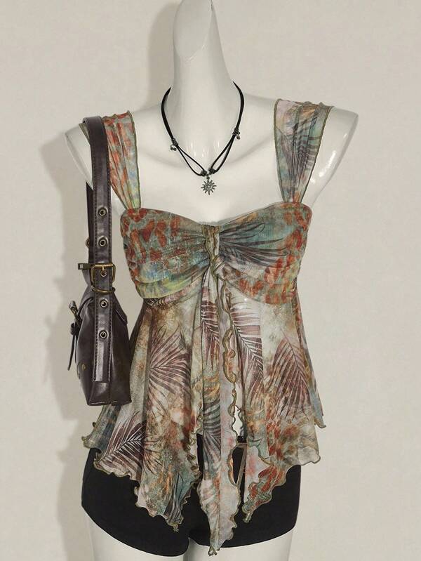 SHEIN ICON Women's Western Vintage Boho Tropical Plant Print Ruched Asymmetric Hem Fashionable Thick Strap Camisole