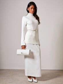 COSMINA Women's Solid Color Stand Collar Fitted Long Sleeve Knit Top,Sweaters For Women White Top In Fall/Winter - White - View 5