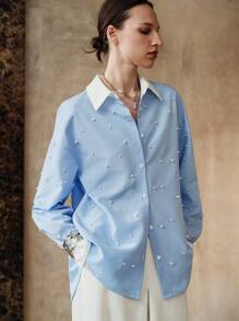 Aveloria 女式春夏秋季编织条纹串珠领长袖直筒休闲户外衬衫