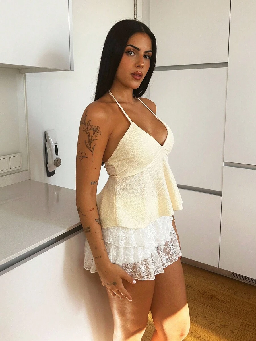 Lucia Bellido Women's Fashionable Sweet Solid Color Double-Layered Lace White Mini A-Line Skirt Y2K Outfit - White - View 1