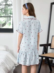 SHEIN 女童荷叶边领口前开褶皱樱桃格子印花睡袍 - 彩色 - 查看 2