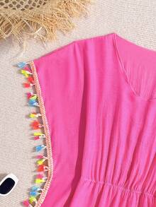 SHEIN 1pc Teen Girl Fashion Fringed Trim Romper - Watermelon Pink - View 4