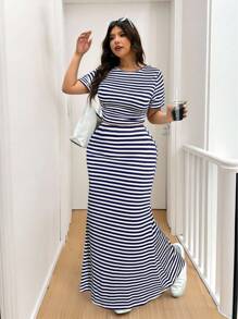 Solflare 2pcs/Set Women Plus Size Casual Vacation T-Shirt And Striped Maxi Dress, Spring/Summer - Navy Blue - View 1
