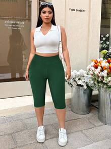 SHEIN EZwear Plus Size Olive Green Tight 3/4 Length Leggings, Suitable For Spring/Summer Vacation - Dark Green - View 4