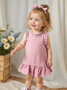 SHEIN Baby Girls' Ruffle Round Neck Sleeveless A-Line Dress. The Neckline And Sleeve Cuffs Are Designed With Ruffles, Making The Entire Dress More Lively And Cute. The Round Neckline Design Is Classic And Elegant, The Sleeveless Style, And The Ruffle A-Line Hemline Add An Elegant Touch. The Loose Fit Is Suitable For Babies Of Various Builds. This Dress Is Suitable For Various Occasions. - Multicolor - View 9