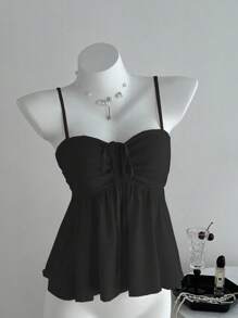 Elnivra 女士可爱纯色褶皱粉色吊带背心，夏季大学校园黑色上衣，黑色系带上衣，黑色吊带衫，黑色荷叶边上衣，可爱黑色上衣 - 黑色 - 查看 3