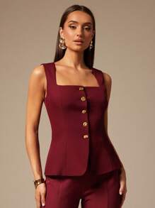Silquee 优雅纯色西装马甲通勤夏季勃艮第上衣酒红色上衣金属扣装饰红色背心女西装马甲 - 酒紅色 - 查看 5