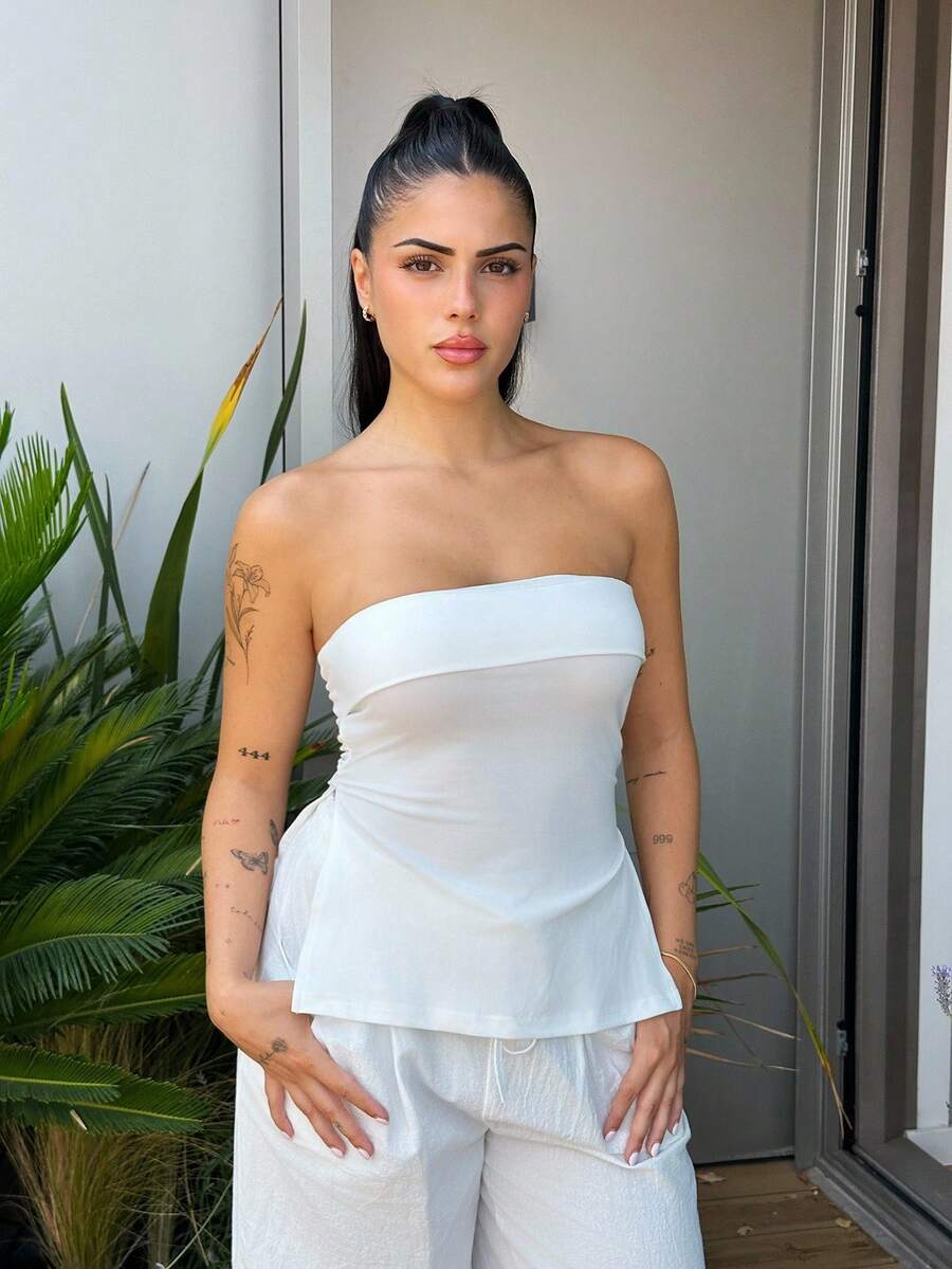 Lucia Bellido Y2K Subculture Women's Leopard Print Bandeau Cropped Top With Slit Hem Design