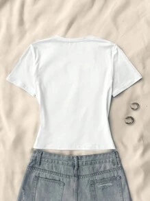 Girls' Simple & Fashionable Blue Floral Print Short T-Shirt, Suitable For Summer - White - View 2