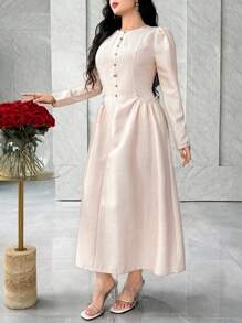 Feyla Elegant French Style Waist Cinching Pocket Minimalist Chic Slimming Dress,Fall Clothes For Women - Apricot - View 5