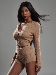NYA SZN Long Sleeve Fitted Textured Cardigan Business Casual Office Neutral Brown Basic Vintage Look Cute Statement Festival Kings Day - Brown - View 5