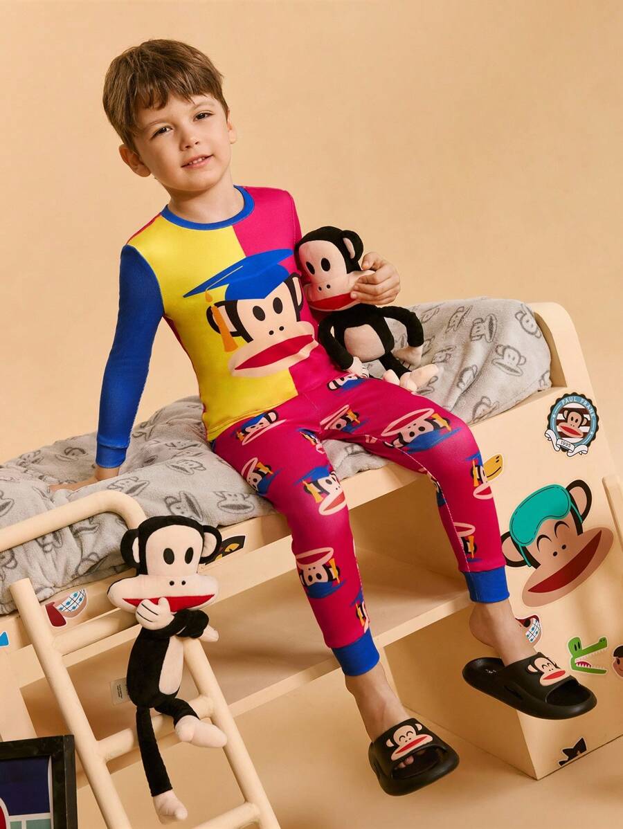 Paul Frank X SHEIN 2 件套小男孩卡通图案拼色圆领长袖上衣和裤子舒适弹力贴身睡衣套装 - 彩色 - 查看 1