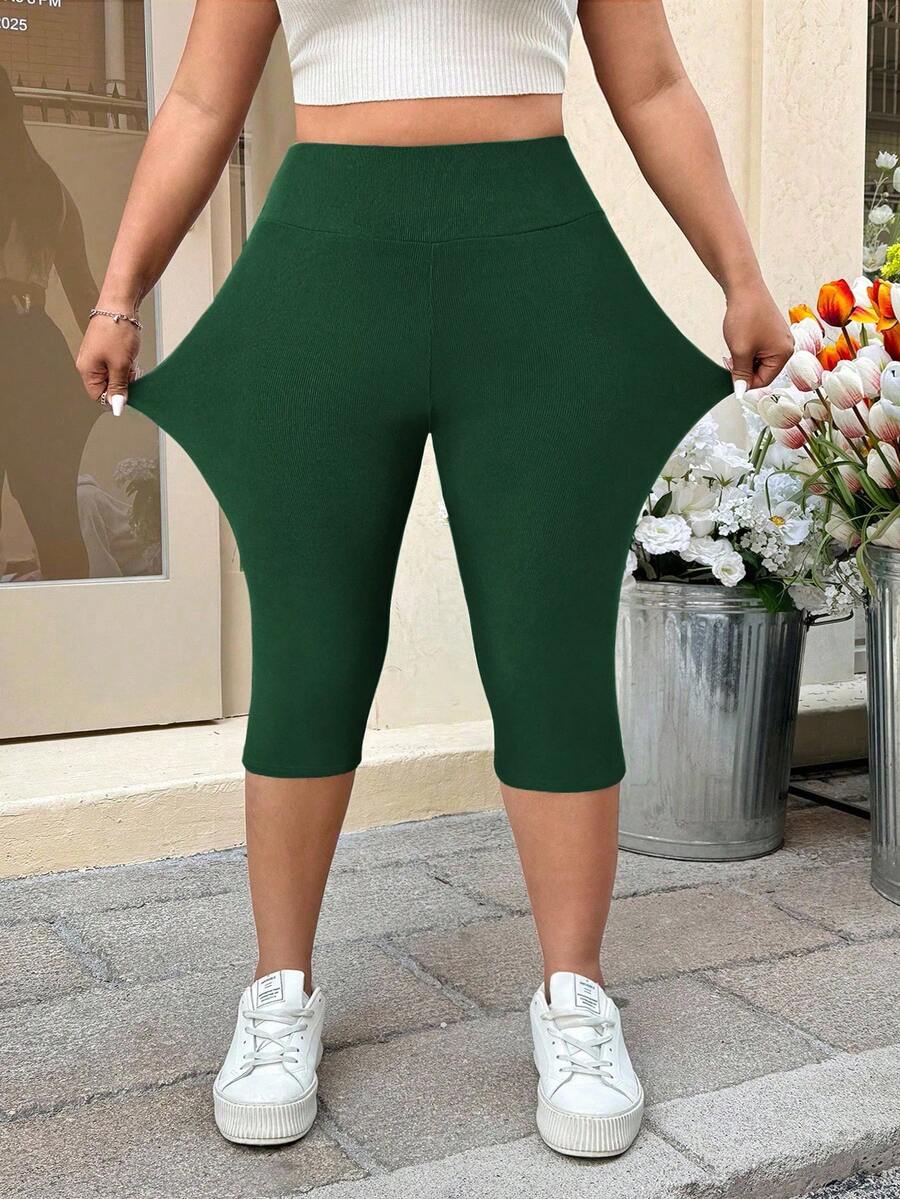 SHEIN EZwear Plus Size Olive Green Tight 3/4 Length Leggings, Suitable For Spring/Summer Vacation - Dark Green - View 1