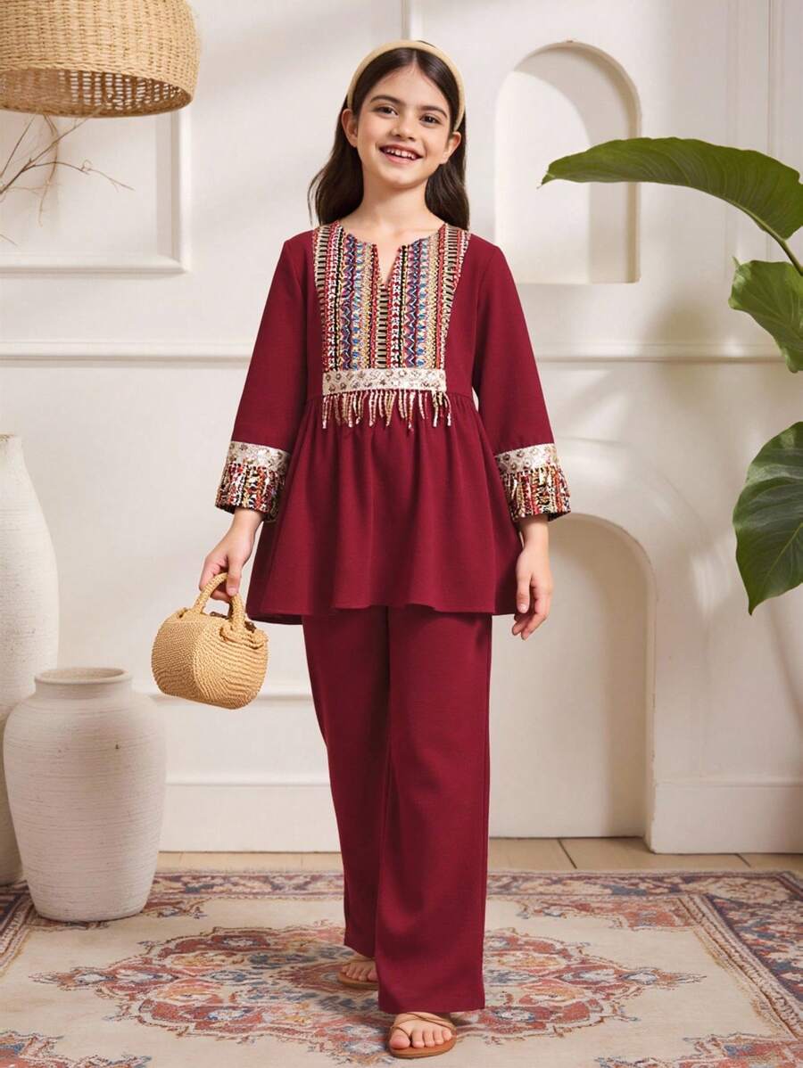SHEIN Leap Crew Tween Girl Loose Modest Holiday Floral Spliced Collar Shirt And Relaxed Pants 2 Pieces Set - Burgundy - View 1