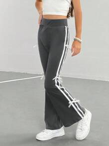 青少年女孩美式学院风休闲条纹绿色裤子 - 灰色 - 查看 4