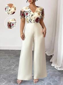 Elenzga Plus Size Floral Embroidered Mesh Stitching Elegant Short-Sleeved Jumpsuit - Apricot - View 1