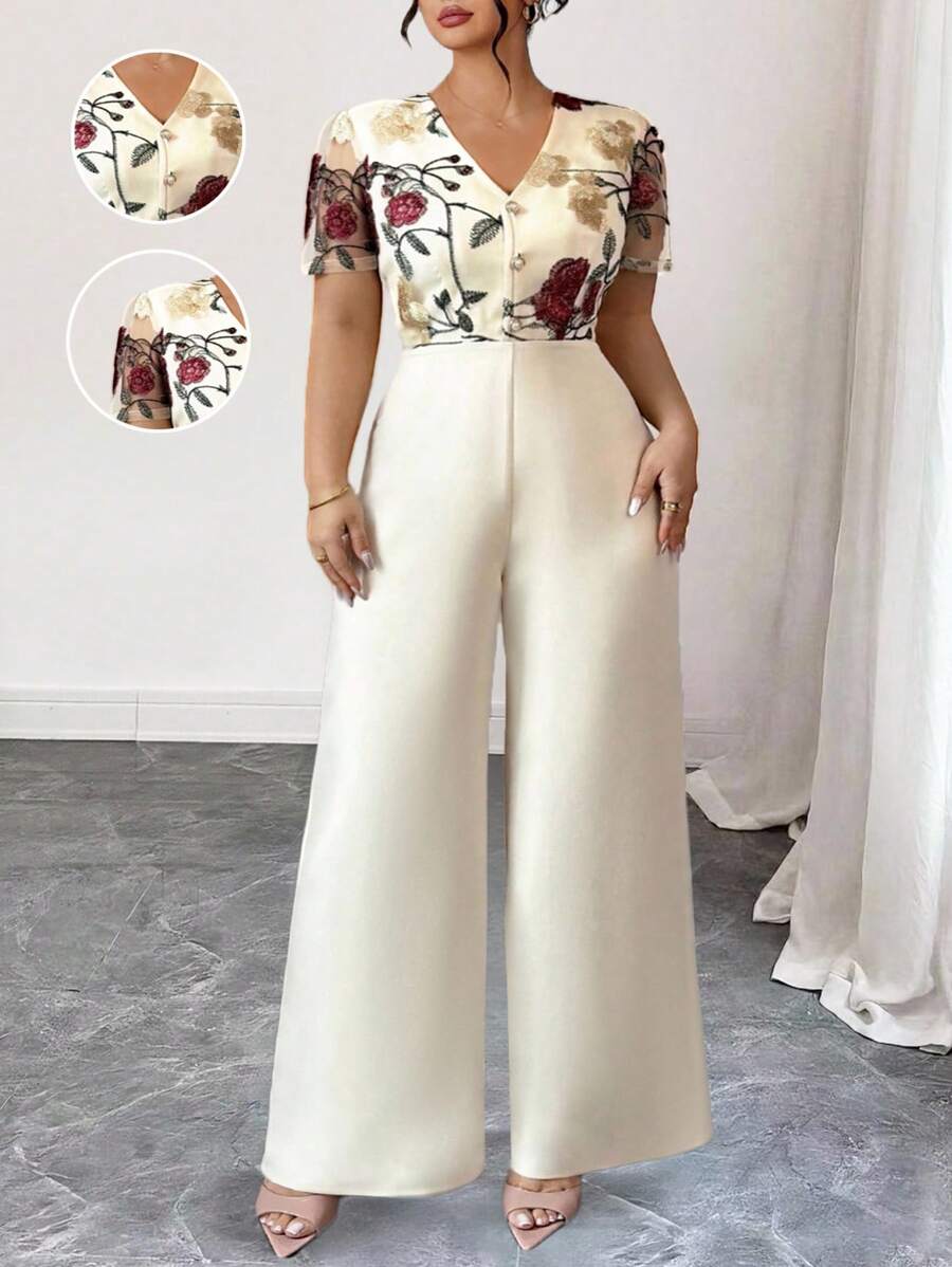 Elenzga Plus Size Floral Embroidered Mesh Stitching Elegant Short-Sleeved Jumpsuit - Apricot - View 1