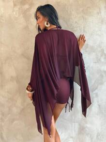 Aloruh Women New Chiffon Cover Up, Long Sleeve Sheer Tunic Top, Wine Red With Resin Chain Decor, Bat Wing Sleeve With Layering Design, Summer Beach Vacation - Burgundy - View 2