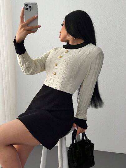 SHEIN Abito mini da donna in maglia a trecce con dettagli a blocchi di colore e bottoni