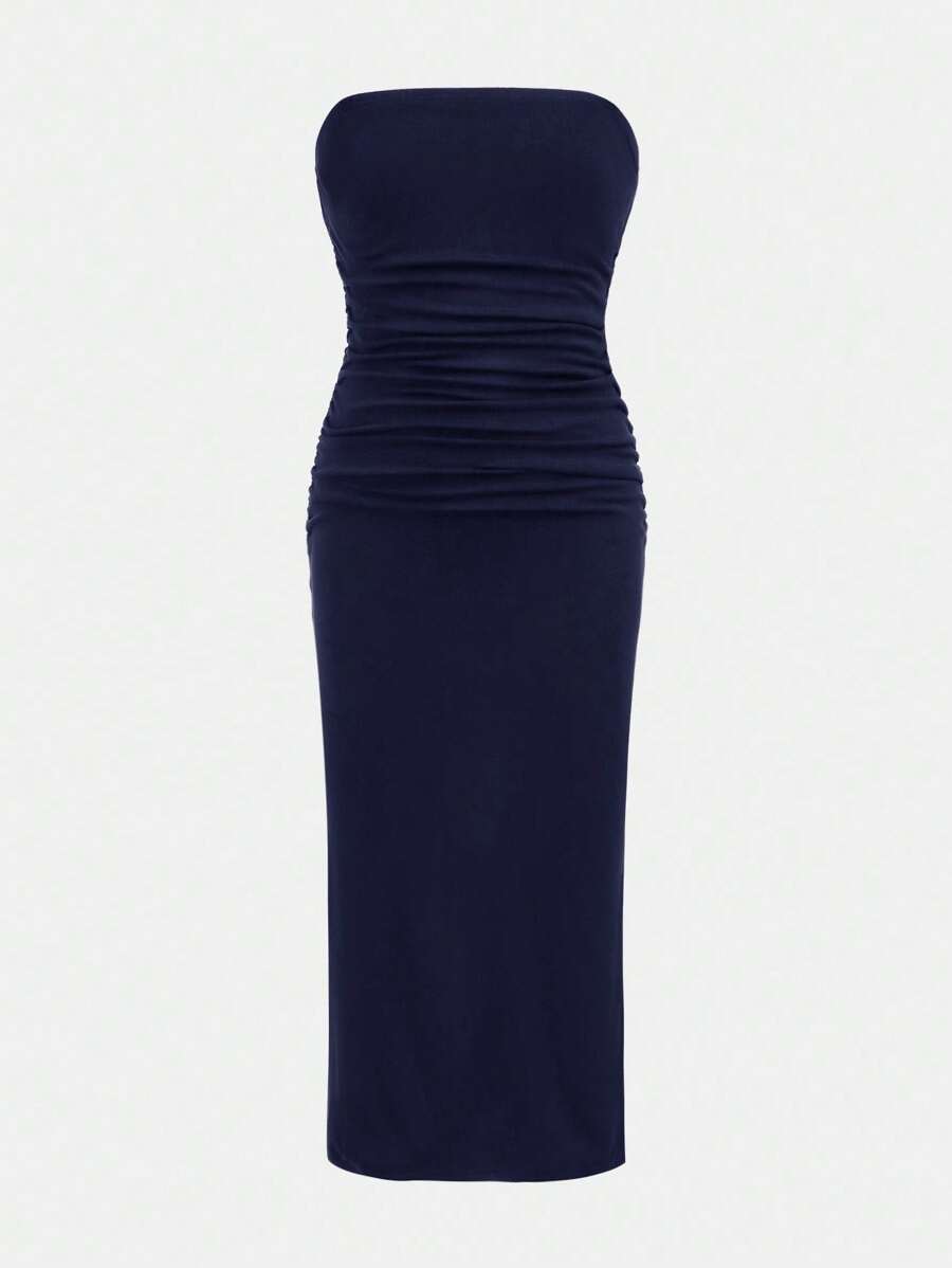 Tween Girl Casual Streetwear Summer Outfit Split Thigh Black Tube Snug Fit Dress, Matching Family Set Strapless Dress Teen Girls Tube Top Dress Navy Blue Dress Tween Girl Midi Dress Girls Midi Dress - Navy Blue - View 1