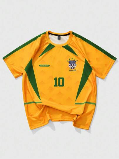 Prep T-shirt de sport décontracté pour hommes, imprimé numérique de football, couleur contrastée, manches raglan courtes, été