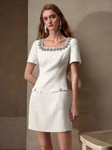 MOTF PREMIUM TWEED SQUARE NECK RHINESTONE DETAIL ZIPPER BACK SHORT DRESS - Apricot - View 5