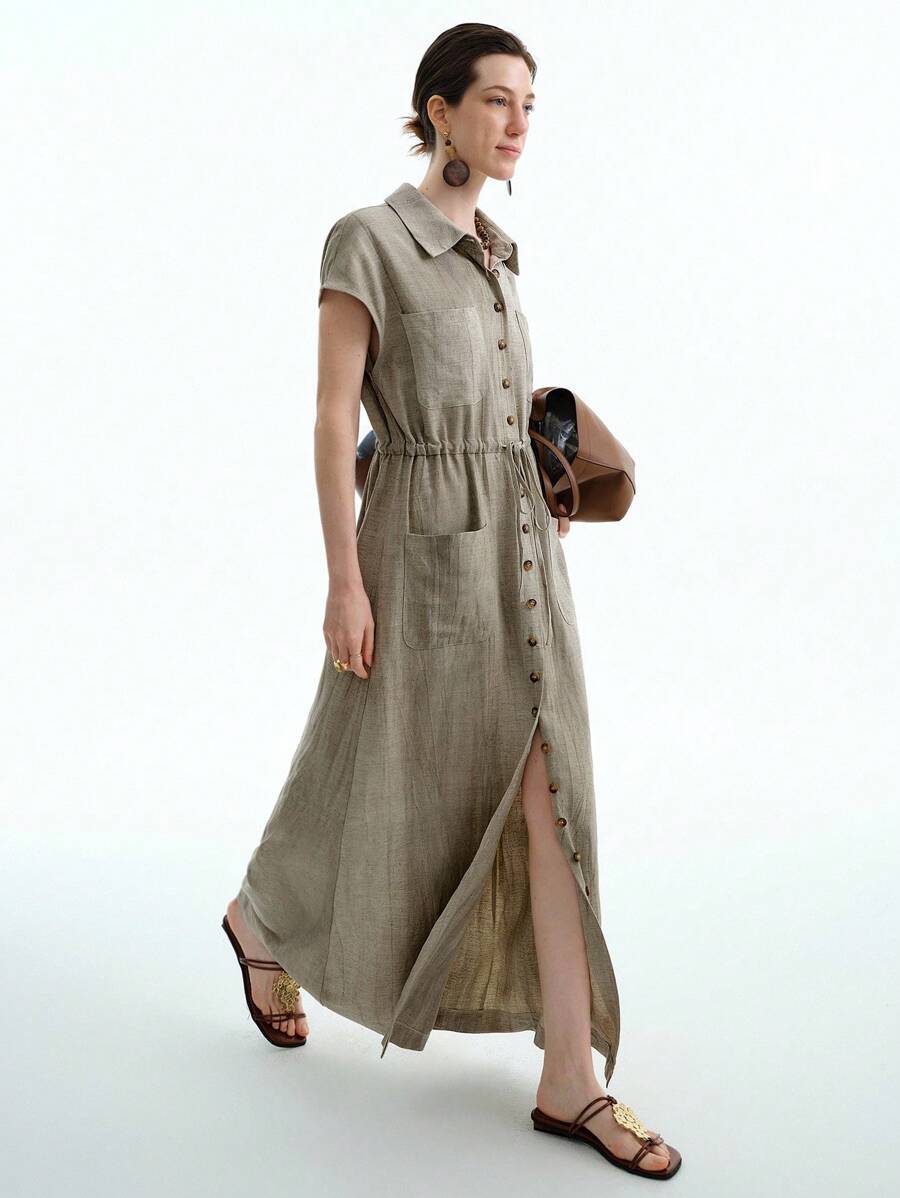Aalyst Vestido largo de verano de línea A con bolsillo, cuello de camisa, manga corta, cintura con cordón, unicolor, estilo básico y versátil para mujer - Caqui - Ver 1
