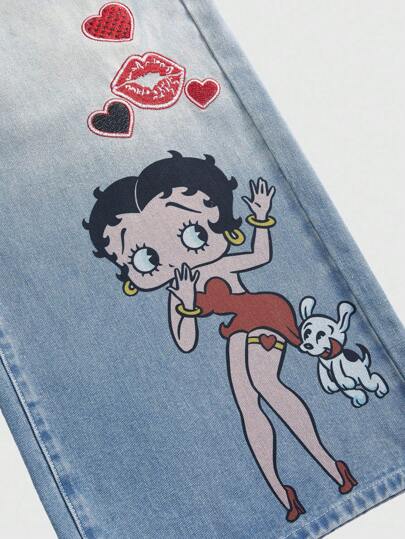 Betty Boop | ROMWE Plus Size Women Embroidered Distressed Vintage Washed Denim Jeans