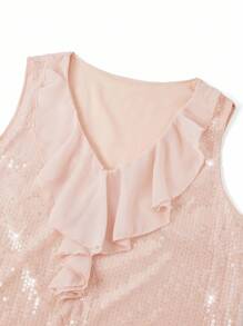 Ellevyn 女式 V 领荷叶边无袖亮片宽松优雅休闲衬衫，适合春夏、秋季 - 粉色 - 查看 7