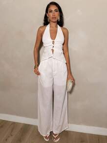 Glamine 2件套亚麻扭纹吊带背心和裤子，度假装 - 白色 - 查看 3