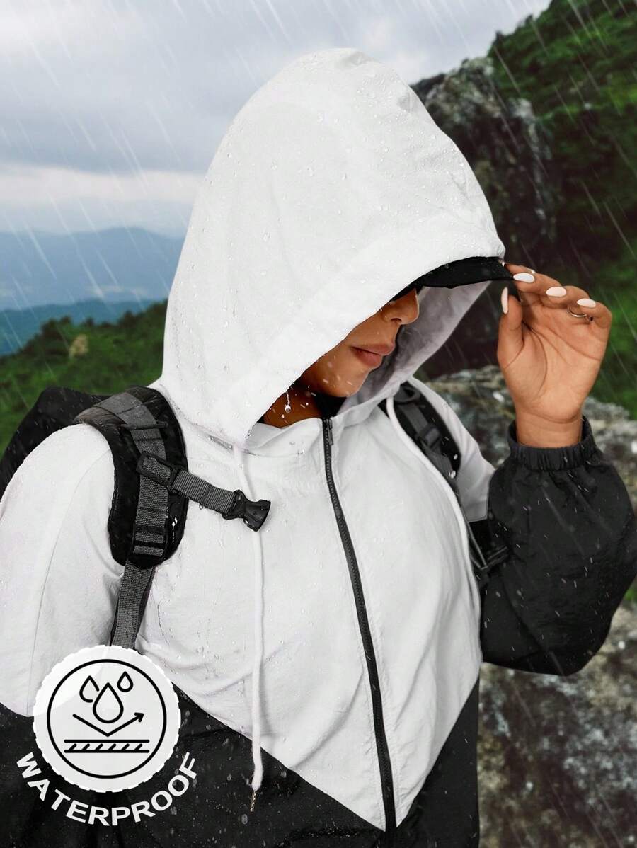 SHEIN EZwear Plus Size Women Casual Contrast Color Loose Zip Up Long Sleeve With Pockets Jacket,White And Black,Fall,Winter,Back To School,Business Casual,Office Outfits,Work,Teacher,Waterproof Fabric,Going Out Outfits,Lightweight Sport Jacket With Hood,,Suitable For Outdoor Hiking,Rainy Day Autumn